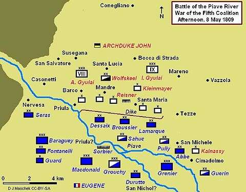 Battle of Piave River showing 8 May 1809 afternoon positions