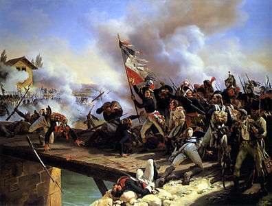 Painting of French troops in blue uniforms trying to cross a bridge under heavy fire