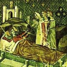 A crowned woman lying in a bed and stretches her hands towards a crowned baby held by a woman