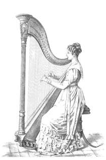 A woman in a flowing gown plays a harp