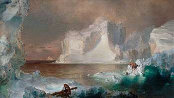Painting of icebergs, with one white iceberg dominating the center of the work and dark blue and black icebergs framing the piece. The work is painted in a suggestive style rather than with precise detail.