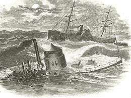 Engraving of Monitor sinking with rescue vessel in back ground