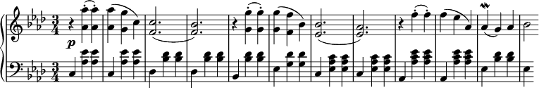 
 \relative c' {
  \new PianoStaff <<
   \new Staff { \key f \minor \time 3/4 
    \tempo \markup {
     \column {
   }
    }
    r <aes' aes'>-.( <aes aes'>-.) <aes aes'>( <g g'> c) <c f,>2.( <bes f>) r4 <g g'>4-.( <g g'>-.) <g g'>( <f f'> bes) <bes ees,>2.( <aes ees>) r4 f'4-.( f-.) f ( ees aes,) aes\mordent( g) aes bes2
   }
   \new Dynamics {
    s\p
    }
   \new Staff { \key f \minor \time 3/4 \clef bass
    c,,4 <aes' ees'> <aes ees'> c, <aes' ees'> <aes ees'> des, <bes' des> <bes des> des, <bes' des> <bes des> bes, <bes' des> <bes des> ees, <g des'> <g des'> c, <ees c' aes> <ees c' aes> c <ees c' aes> <ees c' aes> aes, <aes' ees' c> <aes ees' c> aes, <aes' ees' c> <aes ees' c> ees <bes' des> <bes des> ees,
   }
  >>
 }
