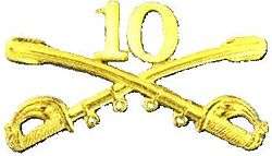 A computer-generated reproduction of the insignia of the Union Army 10th Regiment cavalry branch: The insignia is displayed in gold and consists of two sheafed swords crossing over each other at a 45°-angle pointing upwards with a Roman numeral 10