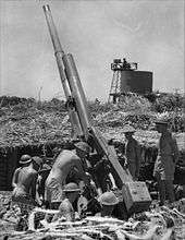 Eight men wearing only shorts and steel helmets attending to a large artillery gun which is positioned in a pit. The six men on the left are working on the gun, and the two men on the right are standing watching them.