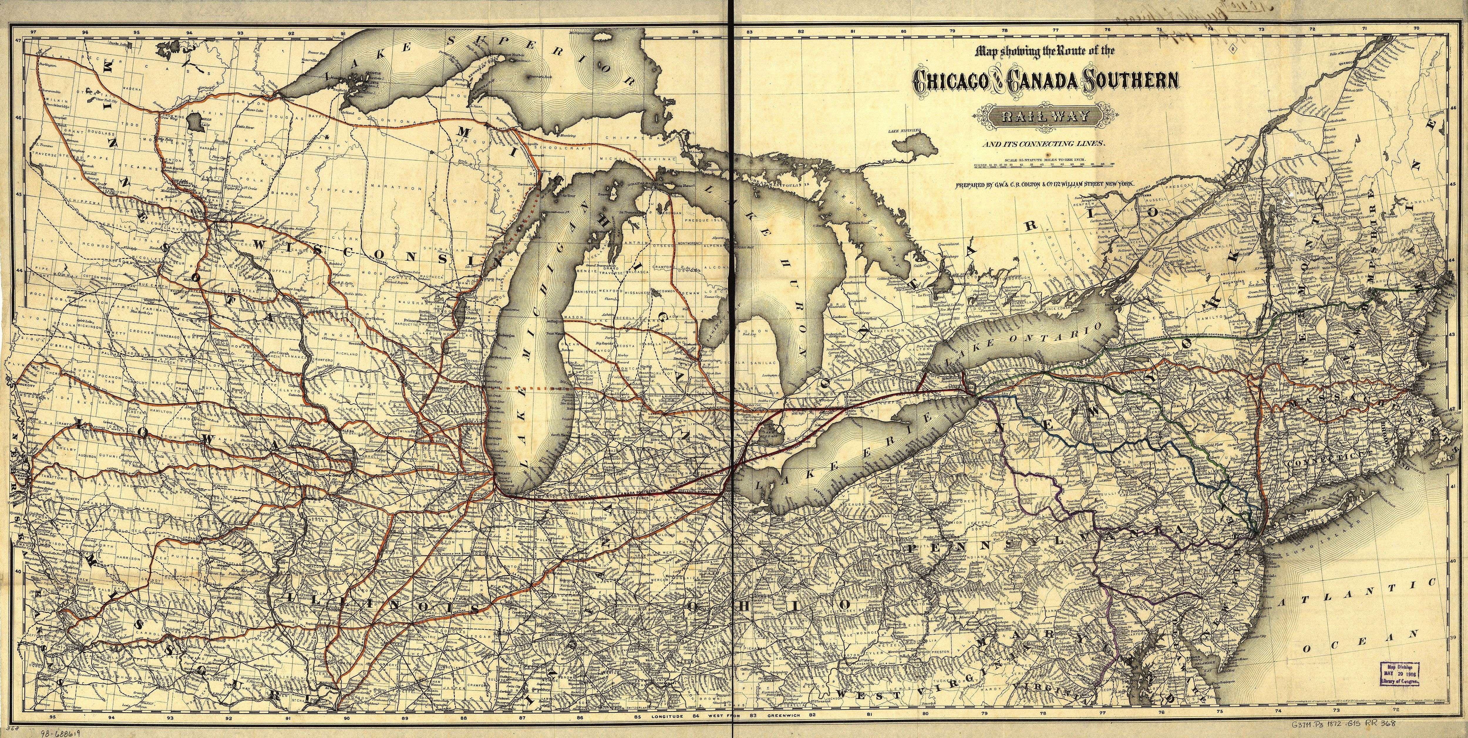 In this 1872 map, Clam Lake is shown as the sole stop in Wexford County and as the northern-most stop on the Grand Rapids and Indiana rail line.