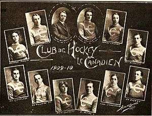 A collage of 12 photographs representing each member of the first Montreal Canadiens team surround the phrase "Club de Hockey le Canadien 1909–10"