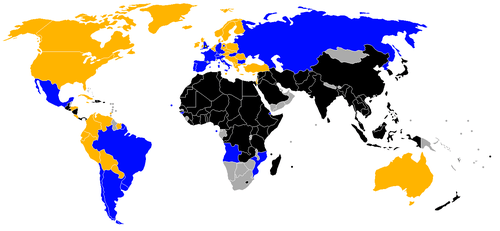 World map with result of qualifications for the 1966 soccer world cup