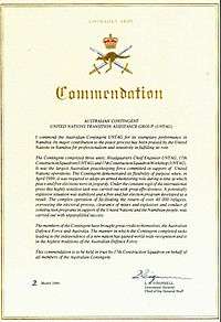 Copy of the Commendation from the Chief of the General Staff presented to the Australian contingent