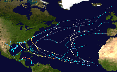 Map showing paths of tropical cyclones that formed in the North Atlantic basin in 1998