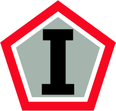 Black letter I on a grey pentagon, surrounded by a red pentagon