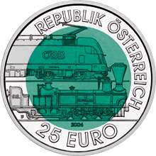 Coin with a dark green cener and a silvery outer rim. The rim reads: Republik Österreich 25 Euro. The centere shows electric and a steam driven locomotive