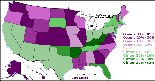 Chart of 50 states, showing state-by-state popular votes in the Democratic primaries and caucuses, shaded by percentage won. Popular vote winners and delegate winners differed in New Hampshire, Nevada, Missouri, Texas, and Guam.