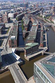 Aerial view of the district, with its houses and canals.