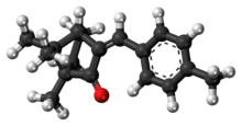 Ball-and-stick model of the 4-methylbenzylidene camphor molecule