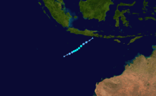 Track map of Tropical Low (05S). The storm formed south of Java and traveled generally to the southwest before dissipating.