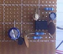 A 555 timer circuit on perforated board