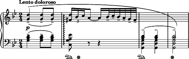 
\new PianoStaff \with { connectArpeggios = ##t } <<
  \new Staff = "up" { \relative c'' { \key g \minor \time 2/4 \clef treble
    \override Score.MetronomeMark #'padding = #4
    \set Score.tempoHideNote = ##t \tempo "Lento doloroso" 4 = 32
    \set Staff.midiInstrument = #"acoustic grand"
    \stemUp
    \once \override PhrasingSlur #'control-points = #'((0.69 . 4.69) (16.9 . 6.9) (69 . 6.9) (69 . -4))
    <g d'>4--(^\( q8-- q--) |
    \override TupletBracket #'stencil = ##f
    \override TupletNumber #'Y-offset = #-2
    \times 2/3 { <fis d'>16\arpeggio bes c } a8 ~ a16 bes32-- c-- bes-- a-- g-- fis-- |
    \change Staff = "down"
    <bes, d>4^-^( q^- | q2^-)\)
  }}
  \new Dynamics { s2\p }
  \new Staff = "down" { \relative c' { \key g \minor \time 2/4 \clef bass
    \set Staff.midiInstrument = #"acoustic grand"
    \stemDown
    <g bes d>4--( q8-- q--) |
    <c, g' a es'>8\arpeggio r r4
    <g d' g>4 q | q2
  }}
  \new Dynamics { s2 s16\sustainOn s4..\sustainOff s2\sustainOn s\sustainOff }
>>
