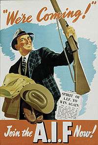  A drawing of a man wearing a 1940s-era business suit and hat, cradling a military uniform in his right arm and holding a rifle with his left hand. There is a blue background behind the man and a cutting from a newspaper to the right of him.