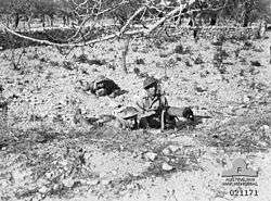 Soldiers behind a machine gun in the desert