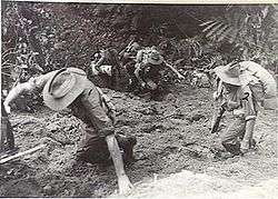 Soldiers in slouch hats move up a steep slope amidst a jungle scene