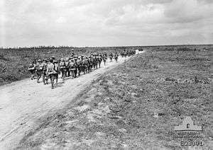 A body of soldiers marching along a road
