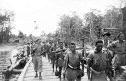 Soldiers march across a bridge amidst a jungle scene