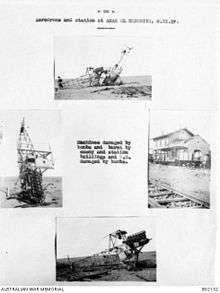 Three small photos of damaged aircraft and another of building