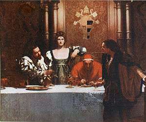 The painting shows (from the left) Cesare Borgia, his sister Lucrezia and his father Pope Alexander VI.