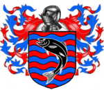 A coat of arms showing a black fish on field of rippling red and blue
