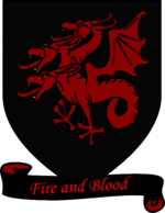 A coat of arms showing a red three-headed dragon on a black field over a scroll reading "Fire and Blood."