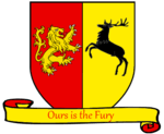 A coat of arms showing a gold on red lion and a black on gold crowned stag combatant.