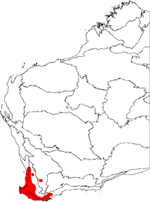 a map of Western Australia with the floristic regions delineated, and an area in the bottom right marked in red