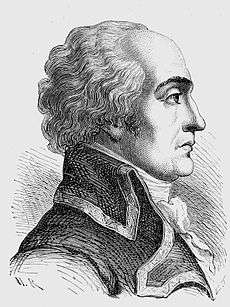 Black and white print of a balding man in a French 1790s-style military uniform.