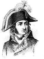 Black and white engraving of a man with long sideburns in a dark military coat. He wears a large bicorne hat with a plume.