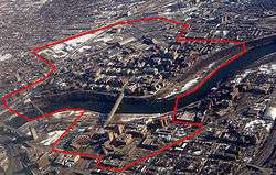 Aerial of the Minneapolis campus, on both sides of the Mississippi River