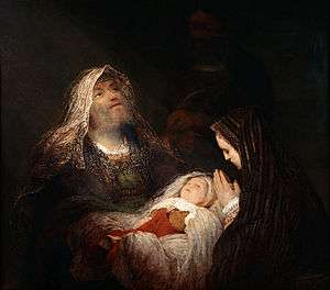 Painting that shows three figures on a dark background: to the left the bright face of an old man with a gray beard looking up while holding a baby, presented in the centre on a white pillow, while the mother to the right, covered by a dark cloak, shows only the face in profile and her hands raised in prayer