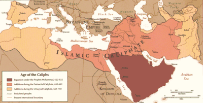 A map of the Middle East and parts of Africa, Europe, and Asia showing the expansion of the Islamic Caliphate by 750. The expansion by Muhammad from 622 to 632 is mainly confined to the Persian Gulf. The Patriarchal Caliphate, lasting from 632 to 661, expands to most of the Middle East, spreading only to northern Egypt. The Umayyad Caliphate, from 661 to 750, extends the Islamic Caliphate to most of North Africa and Iberian Peninsula and farther east from modern-day Iran.