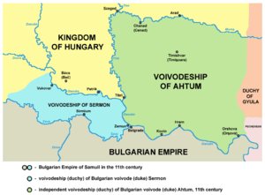 Map depicting Ajtony's realm bordered by the Kingdom of Hungary, the Transylvanian duchy of Gyula and a duchy of one Sermon