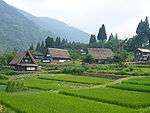 Wooden thatched houses and rice field in a mountainous landscape.