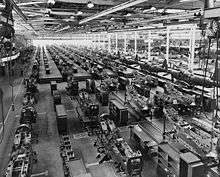 Overhead view of assembly lines in large airplane factory
