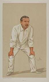 Caricature of a cricketer dressed in whites, posed in catching stance