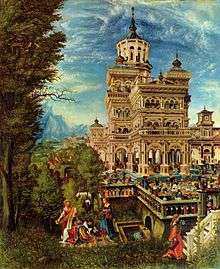 A painting showing an elaborate and fanciful palace set in a landscape of forest and mountains. The forecourt of the palace is bustling with people. Outside the palace, near a fountain sits Susannah attended by handmaids who wash her feet and comb her hair. Two old courtiers spy on her from the dense undergrowth.