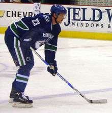 A Caucasian ice hockey player standing crouched with both hands gripping his stick on the ice. He wears a blue jersey with white and green trim and a blue, visored helmet.