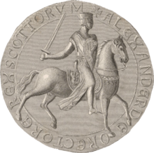 Reverse side of the circular seal used by Alexander the Second, showing the King, in full armour, seated on horseback. The upright Lion symbol is shown upon both the saddle and the shield held by the King.
