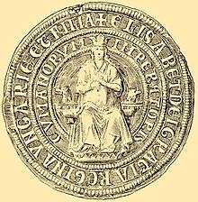 A seal depicting a crowned woman who sits on a throne