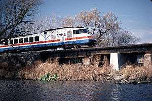 An RTL Turboliner crosses the Seneca River near Savannah, New York in 1984