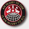 IWW globe logo encircled by an IWW slogan.