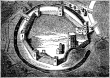 Black and white engraving of a tower set in a circular wall