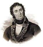 Print shows curly-haired man with a cleft chin in a French republican uniform with his head tilted to one side